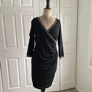 Carmen Marc Valvo Stretch Studded Wrap Dress Women's Medium Black Deep V-Neck